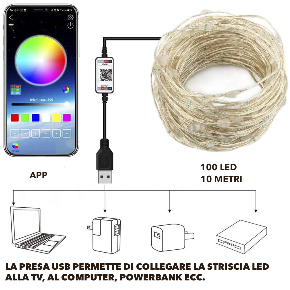 Striscia 100 LED RGB 10mt Catena Luminosa Luci...