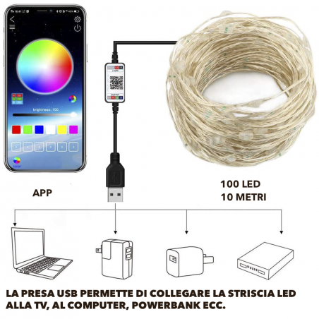 Striscia 100 LED RGB 10mt Catena Luminosa Luci di Natale con Telecomando e App