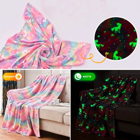 Coperta Magica per Bambini Plaid in Pile Fantasia Unicorno Fluorescente 170x120
