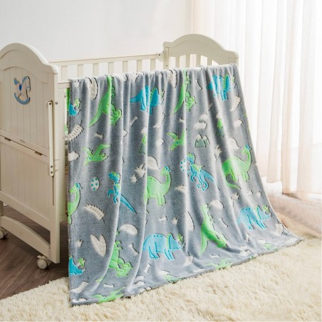 Coperta Magica per Bambini Plaid in Pile Grigio Dinosauri Fluorescenti 170x120