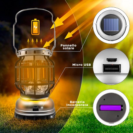 Lanterna Campeggio ZJ-199OT Luce Emergenza Portatile Ricarica Solare e Cavo USB