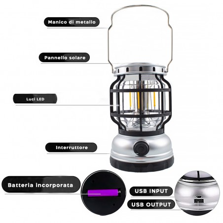 Lanterna Campeggio ZJ-199OT Luce Emergenza Portatile Ricarica Solare e Cavo USB