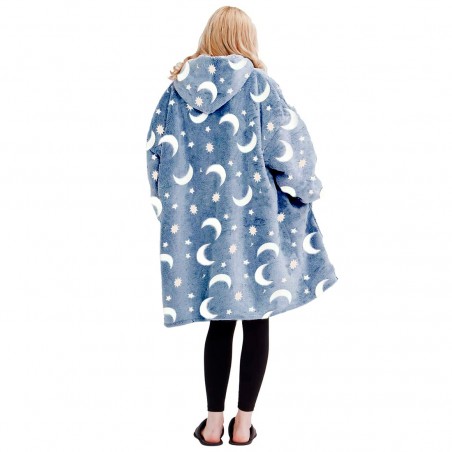 Mantella con Maniche Oversize in Pile BLU Fluorescente con Cappuccio e Tasca