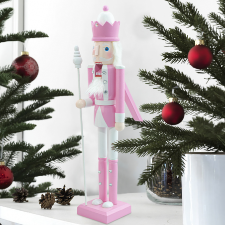 Soldatino Schiaccianoci in Legno 50H 433017 Decorazioni Natale Rosa con Scettro