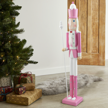 Soldatino Schiaccianoci in Legno 90H 433018 Decorazioni Natale Rosa con Scettro
