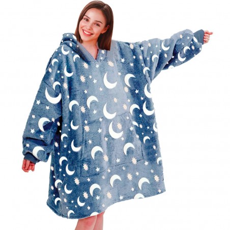 Mantella con Maniche Oversize in Pile BLU Fluorescente con Cappuccio e Tasca