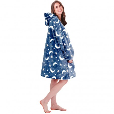 Mantella con Maniche Oversize in Pile BLU Fluorescente con Cappuccio e Tasca