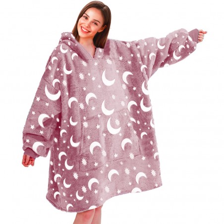 Mantella con Maniche Oversize in Pile ROSA Fluorescente con Cappuccio e Tasca