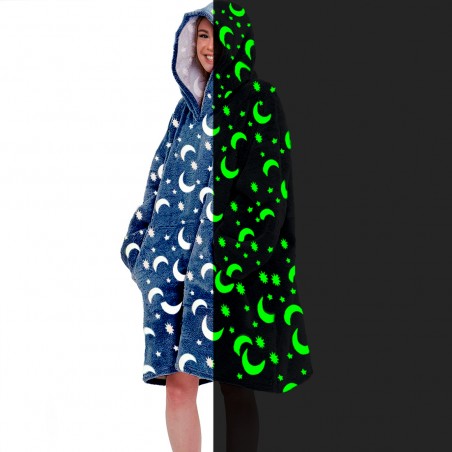 Mantella con Maniche Oversize in Pile BLU Fluorescente con Cappuccio e Tasca
