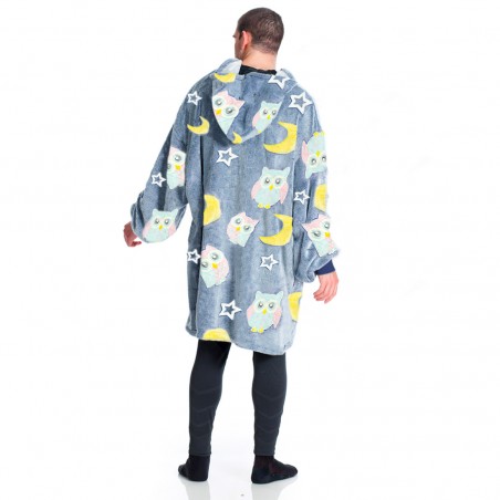 Mantella con Maniche Oversize in Pile con GUFO Fluorescente Cappuccio e Tasca