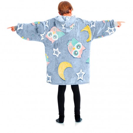 Mantella in Pile per Bambini Grigio Cappuccio e Maniche con Gufi Fluorescenti