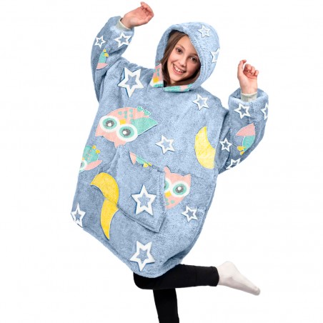 Mantella in Pile per Bambini Grigio Cappuccio e Maniche con Gufi Fluorescenti