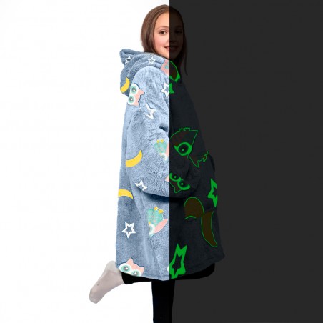 Mantella in Pile per Bambini Grigio Cappuccio e Maniche con Gufi Fluorescenti