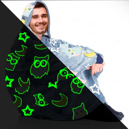 Mantella con Maniche Oversize in Pile con GUFO Fluorescente Cappuccio e Tasca