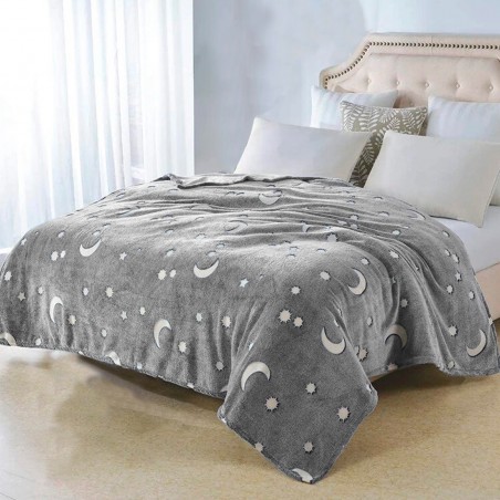 Coperta Magica per Bambini Plaid in Pile Grigio Stelle Luna Fluorescente 170x180