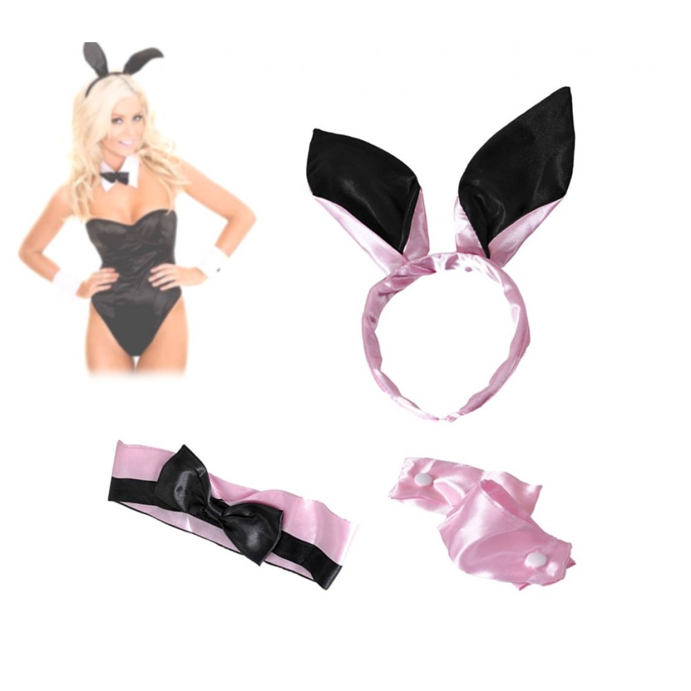 Kit da coniglietta rosa e nero in raso set 4 accessori per eventi e serate speciali