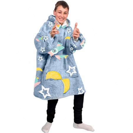 Mantella in Pile per Bambini Grigio Cappuccio e Maniche con Gufi Fluorescenti