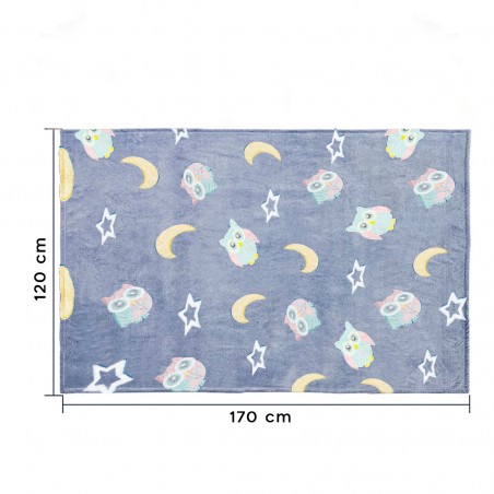 Coperta Magica per Bambini Plaid in Pile Blu Gufi e Stelle Fluorescenti 170x120