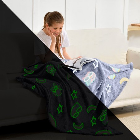 Coperta Magica per Bambini Plaid in Pile Blu Gufi e Stelle Fluorescenti 170x120