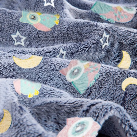Coperta Magica per Bambini Plaid in Pile Blu Gufi e Stelle Fluorescenti 170x120