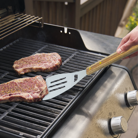 Set 3 Utensili Maxi per Barbecue Pinza Paletta Forchetta in Acciaio Inox e Legno