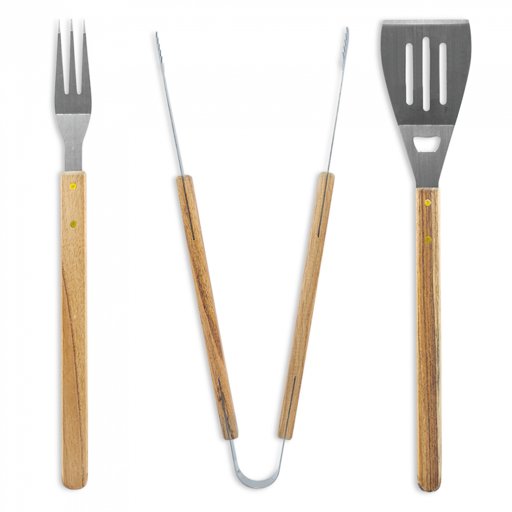 Set 3 Utensili Maxi per Barbecue Pinza Paletta Forchetta in Acciaio Inox e Legno