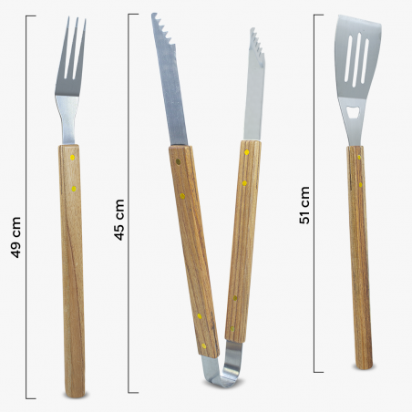 Set 3 Utensili Maxi per Barbecue Pinza Paletta Forchetta in Acciaio Inox e Legno