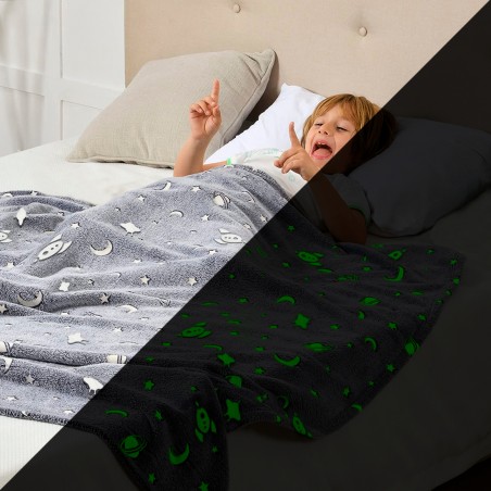 Coperta Magica per Bambini Plaid in Pile Grigio con Pianeti Fluorescenti 170x180