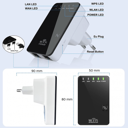 Ripetitore Router Wireless 300 Mbps da Muro Amplificatore Wi-Fi con 2 Porte LAN