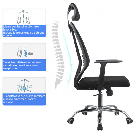 Sedia Ufficio Ergonomica In Rete Nera – Girevole, Braccioli Ribaltabili, Supporto Lombare, Seduta Imbottita 50x40cm, Regolabile In Altezza