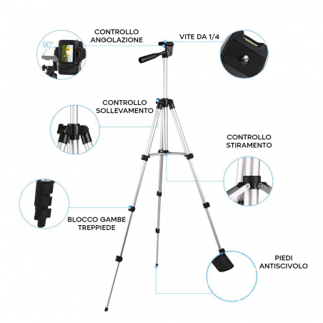 Treppiede Regolabile 34 a 102 cm Cavalletto Universale Smartphone o Fotocamera