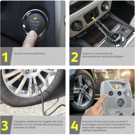 Compressore ad Aria 12V Safe To Go Pneumatici Auto Manometro e Luce di Emergenza