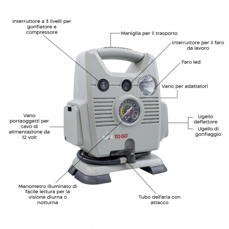 Compressore ad Aria 12V Safe To Go Pneumatici Auto Manometro e Luce di Emergenza
