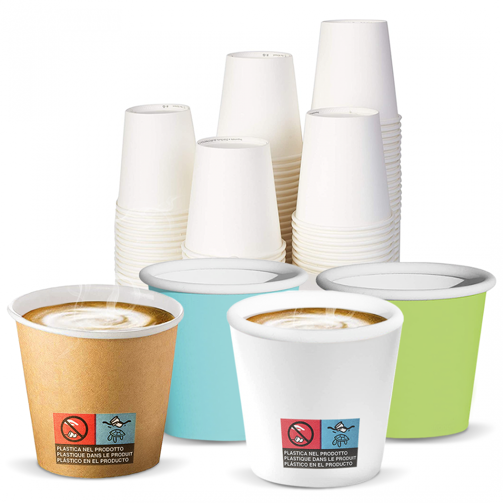 Pack 100 Bicchierini di Carta per Caffè Monouso 75ml Colorati Biodegradabili