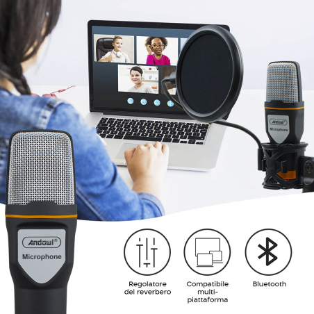 Kit Microfono a Condensatore per PC con Scheda Audio Filtro Antipop e Treppiedi