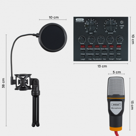 Kit Microfono a Condensatore per PC con Scheda Audio Filtro Antipop e Treppiedi
