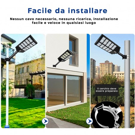Lampione Stradale Ricarica Pannello Solare 1000W Protezione IP65 e Telecomando