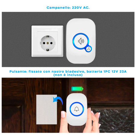 Campanello Wi-Fi Senza Fili da Esterno Impermeabile 32 Suoni 4 Livelli di Volume