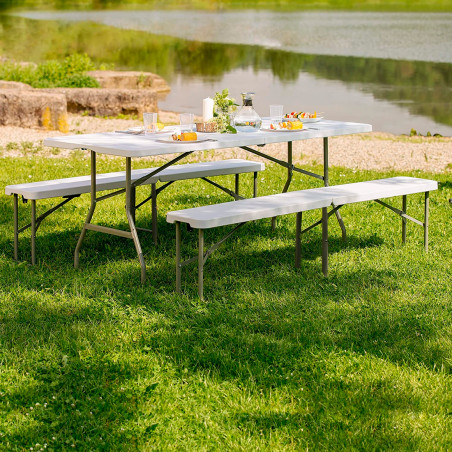 Set Tavolo 2 Panche Pieghevoli in Plastica Bianco da Birreria Campeggio Giardino