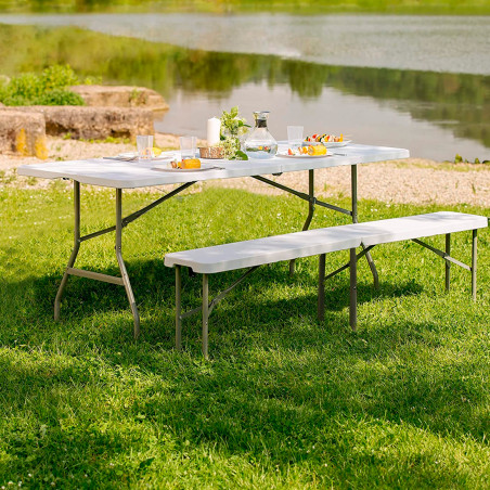 Set Tavolo e Panca Pieghevoli in Plastica Bianco da Birreria Campeggio Giardino