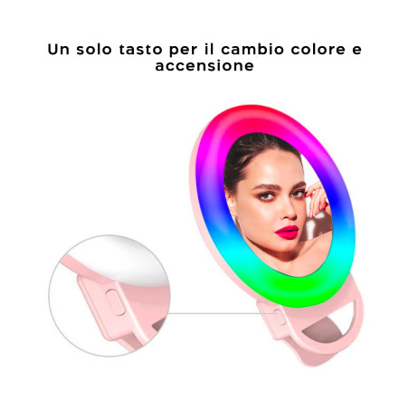 Anello Selfie Luminoso Smartphone con Pinza Flash LED RGB Ring Light Portatile