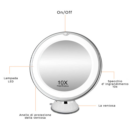 Specchio Cosmetico Trucco Ingrandimento 10X con Luce LED per Make Up a Batterie