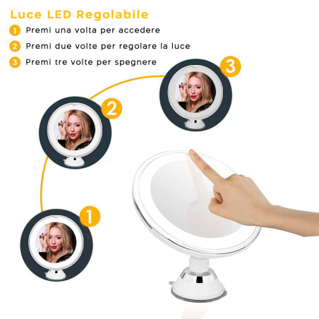 Specchio Cosmetico Trucco Ingrandimento 10X con Luce LED per Make Up a Batterie