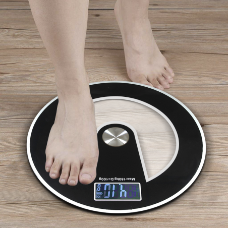 Bilancia Pesa Persona Elettronica Digitale in Vetro Temperato 180Kg Tonda Nera