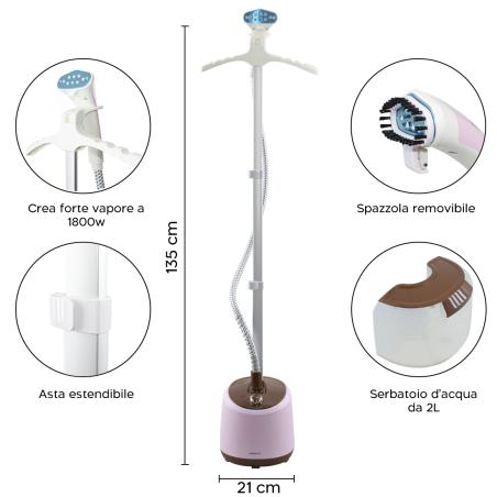 Ferro da Stiro Verticale 1800W Stiratrice Vapore Asta Allungabile Serbatoio 2lt
