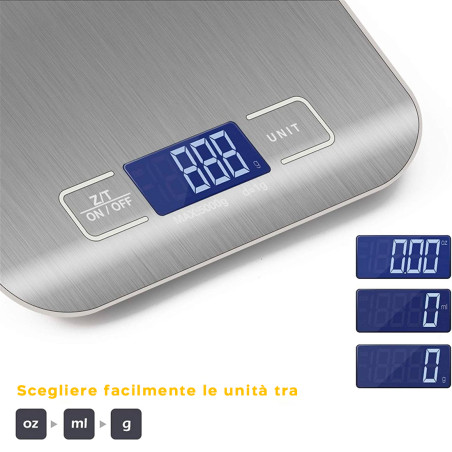 Bilancia da Cucina Elettronica Display LCD Digitale 5Kg Alimenti Acciaio Inox