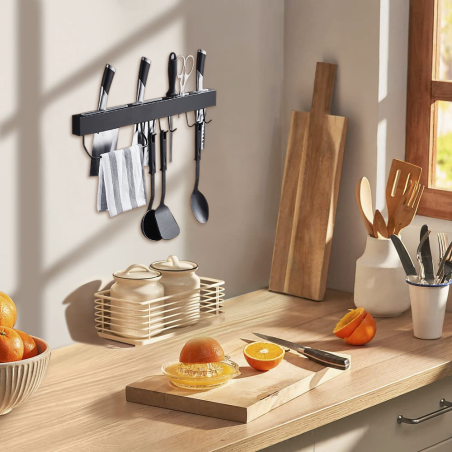 Portacoltelli da Parete 40cm Acciaio Nero Multiuso Gancio per Utensili da Cucina