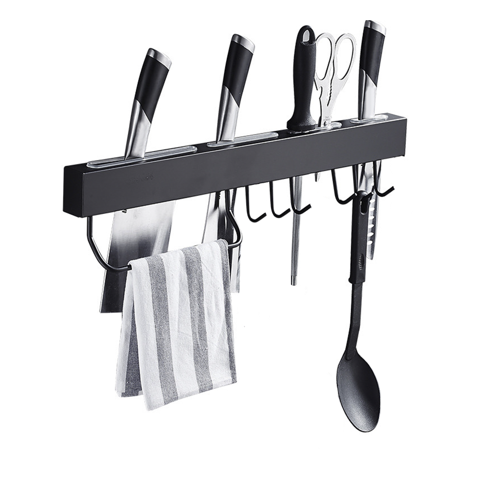 Portacoltelli da Parete 40cm Acciaio Nero Multiuso Gancio per Utensili da Cucina
