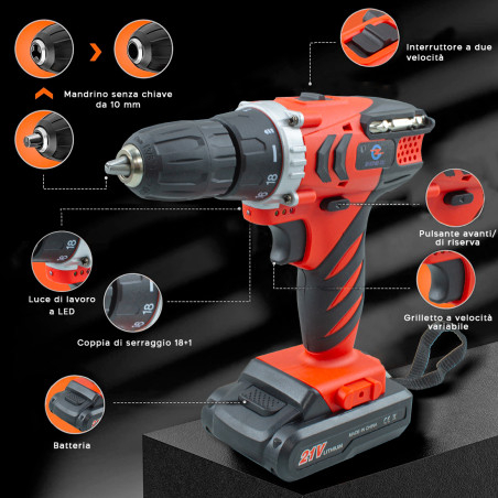 Trapano Avvitatore Doppia Batteria 21V Senza Fili con Valigetta e Accessori