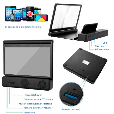 Lente Ingrandimento 3D Amplificatore Audio e Video per Smartphone con Supporto